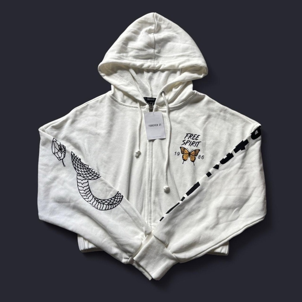 Forever 21 White Cropped Zip-up Hoodie